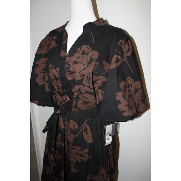 Sandra Darren Womens XL Floral Maxi Dress Black Brown Tiered Puff Sleeve 78345BK - Picture 2 of 12
